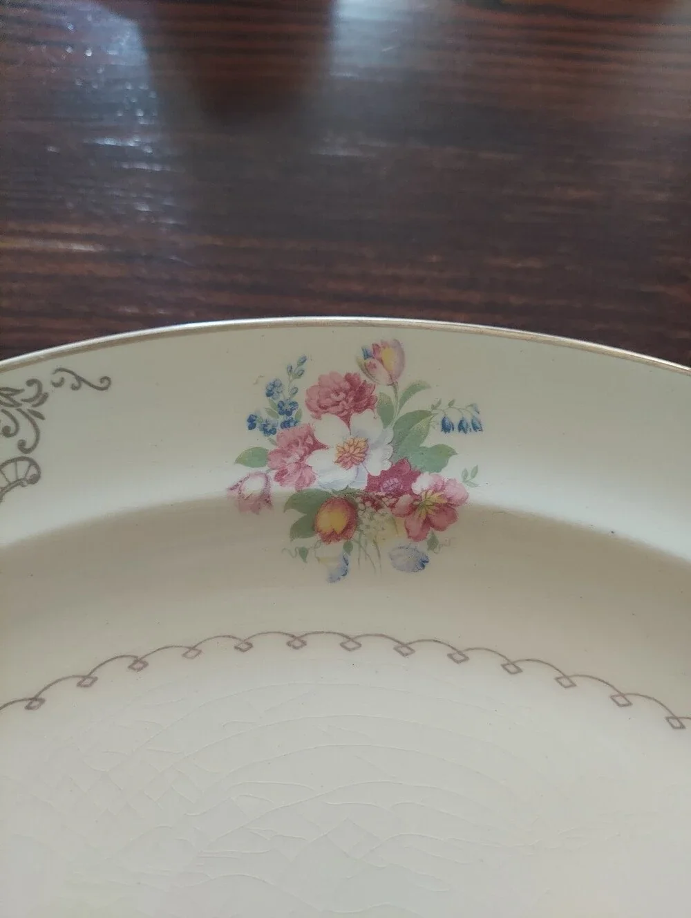 Cream Porcelain Floral Serving Platter with Gold Trim